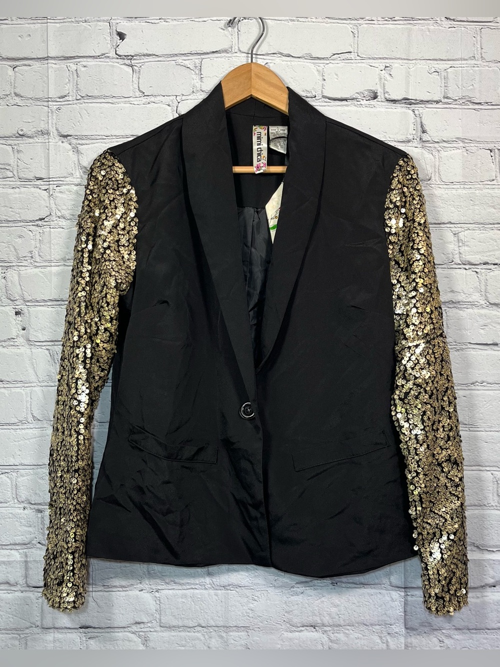 Mimi Chica Black Formal Jacket Light Blazer Womens Large Gold Sequin Sleeve